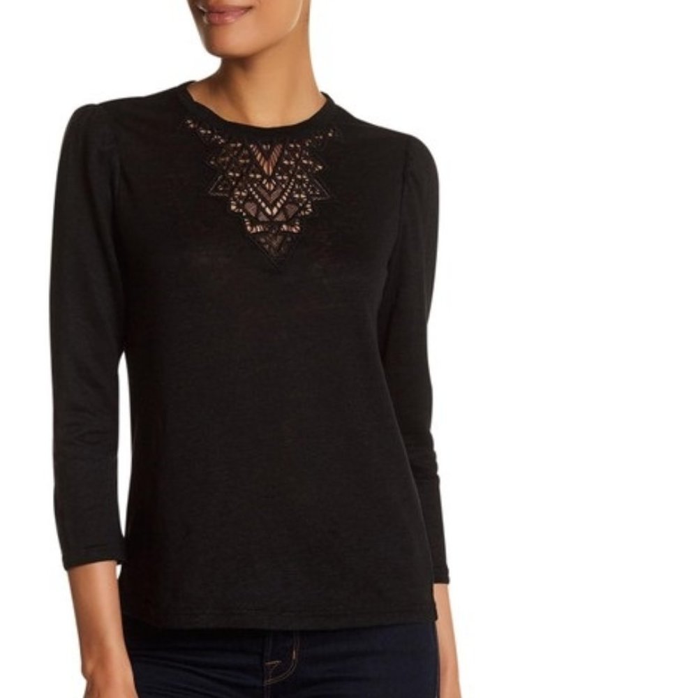 REBECCA TAYLOR Black Jersey 3/4 Sleeve Lace and Linen  Top, XS